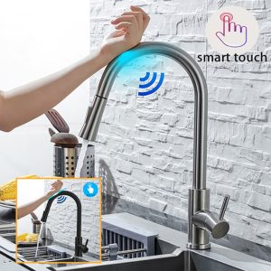 DQOK Kitchen Faucet Pull Out  Brushed Nickle Sensor Stainless Steel Black Smart Induction Mixed Tap Touch Control Sink Tap 1