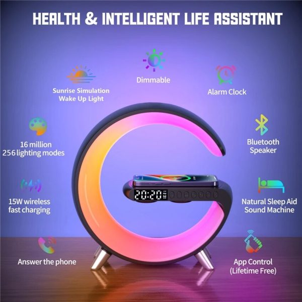 Multifunctional Wireless Charger Stand Alarm Clock Speaker APP RGB Light Fast Charging Station for iPhone X 11 12 13 14 Samsung 2