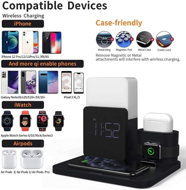 15W Wireless Charger 3 In 1 Fast Charging Station Digital Alarm Clock 3 Gears Night Light for IPhone 13 Watch AirPods Support 6